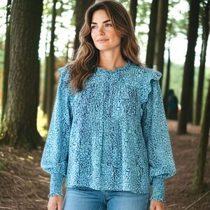 Rails‎ Floral Jewel Cheetah Blouse M Ruffle Smocked High Neck Babydoll Bohemian